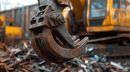 A close-up of a mechanical claw grabbing a pile of scrap metal at a demolition site.