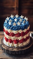 Patriotic layer cake with red, white, and blue swirls decorated with stars