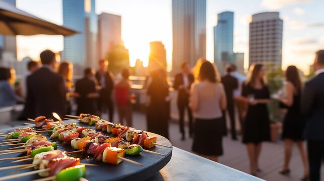 Rooftop party sunset city skyline
