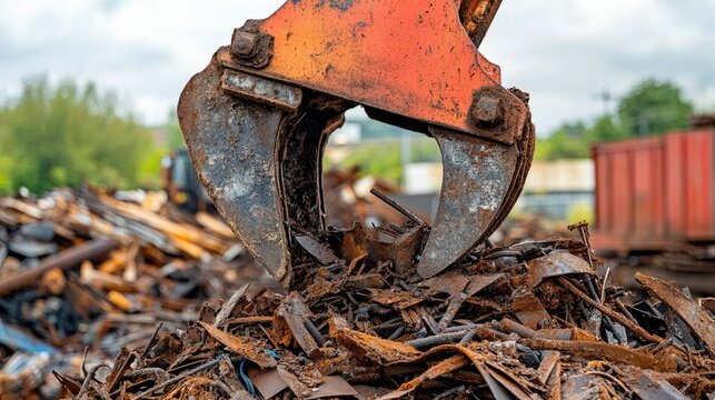 A close-up of a mechanical claw grabbing a pile of scrap metal at a demolition site.