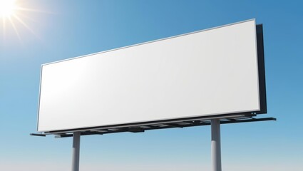 Fototapeta premium An expansive, empty billboard stands tall against a vibrant blue sky, bathed in sunlight, offering ample space for messaging.