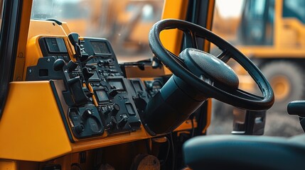 A close-up of the control panel and levers inside a construction vehicle's cockpit.