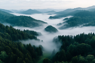 A high-resolution aerial view of rolling hills covered in early morning fog