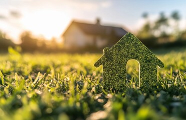 Eco-friendly housing concept featuring a small green house-shaped cutout standing in lush grass with a blurred house in the background, illuminated by warm golden sunlight