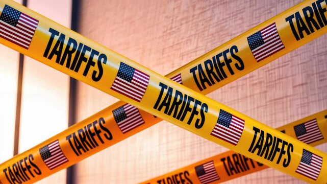 text "TARIFFS" with the motif of us flag and background. American tariffs and US government taxation or punative tariff trade war policy