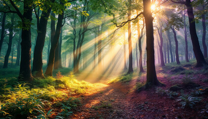 Fototapeta premium Sunlight streams through a lush forest, creating a serene and ethereal scene