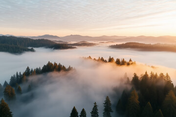 A high-resolution aerial view of rolling hills covered in early morning fog