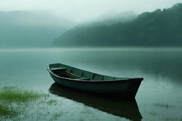 Fototapeta premium Empty rowboat floating on lake during rainfall with foggy forest background