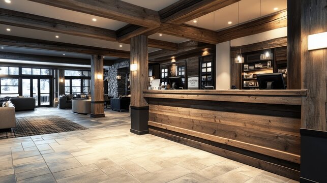 A concierge desk in a ski resort, designed with rustic wood elements and warm, inviting lighting.