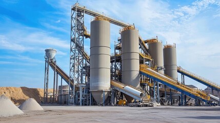 Obraz premium A concrete batching plant with silos and conveyor belts actively mixing and transporting cement.
