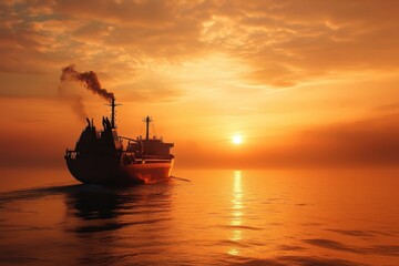 Obraz premium Large cargo ship sailing on calm ocean at sunset with orange sky