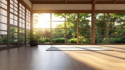 Serene yoga studio, sunrise view, peaceful garden