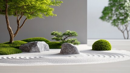 Serene Zen garden with raked sand, trees, and rocks
