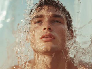 Portrait of a Young Man at the Pool with Water Splashes in Golden Light, Summer Vibes