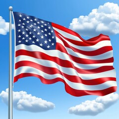 Obraz premium US flag waving, sunny sky, clouds, patriotic image