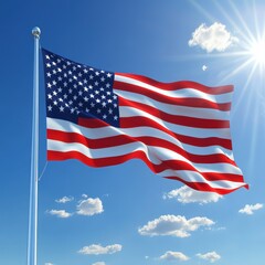Obraz premium US flag waving, sunny sky, clouds, patriotism, website