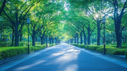 Obraz premium Sunlit tree-lined road, green leaves, morning light.