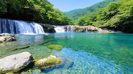 Fototapeta premium Serene waterfall adventure national park nature photography lush greenery panoramic view tranquility