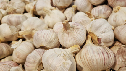 Garlic close up in supermarket. Lots of garlic in plastic green box on market stall. Garlic in green plastic box at farmers market. Garlic for sale in store. Display of fresh produce for sale