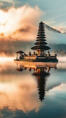 traditional balinese Pura Ulun temple on the morning lake in Bali, Indonesia, Indonesian culture, foggy sunrise on a lake in Bali