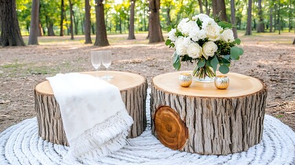 Elegant outdoor wedding setup with floral centerpiece forest decoration natural aerial view romance