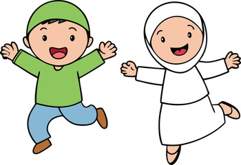 cute girl and boy moslem jump happy face