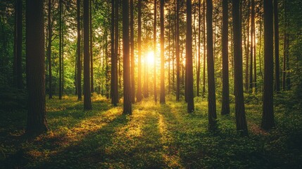 Obraz premium Sunset in a dense forest with tall trees and sunlight.