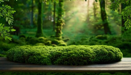 Lush Moss-Covered Rock with Soft Sunlight for product display and advertisement