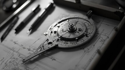 A drafting board with an intricate engineering blueprint, a compass, and protractor on top.