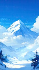 Snowy mountain peak, blue sky, clouds, winter landscape, nature scene