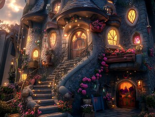 Obraz premium A whimsical stone building adorned with flowers and glowing lights