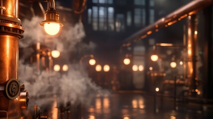 Steampunk factory interior, copper pipes, warm lighting, steam, industrial background. Use  website, game design