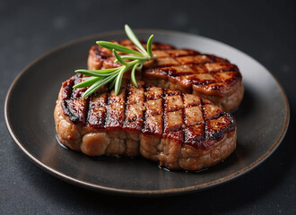 Close-up of two grilled steaks on a dark plate, garnished with rosemary.