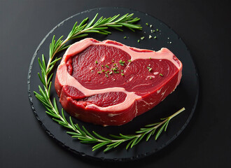 Close-up overhead shot of a raw ribeye steak seasoned with spices and surrounded by rosemary sprigs on a black slate plate.