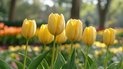 Obraz premium Yellow tulips in a field, sunlit, soft focus background of trees & other flowers