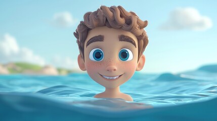 Cartoon boy swimming in ocean, happy expression