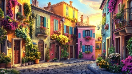 Fototapeta premium Colorful, flower-filled street in a charming Italian town at sunset.