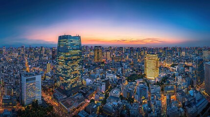 Panoramic sunset view of a vibrant city skyline with illuminated buildings and streets.