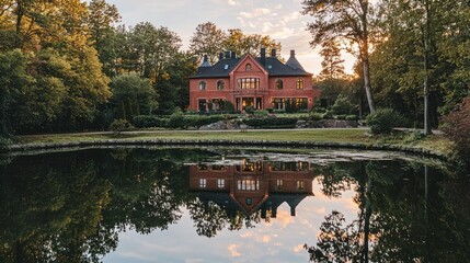 Obraz premium Brick mansion reflected in tranquil pond at sunset.