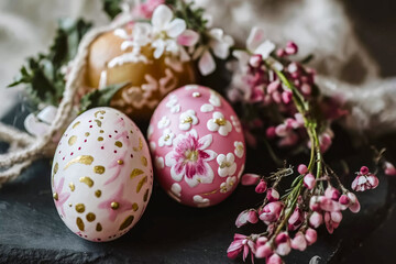 Obraz premium Moody Easter card with eggs and kulich