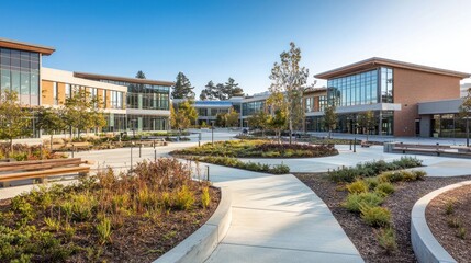 Modern school campus with landscaped courtyard.