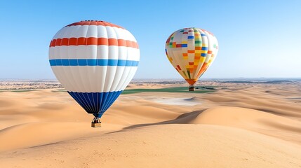 Fototapeta premium Aerial photography of hot air balloons in the desert
