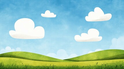 Fototapeta premium Vibrant watercolor landscape featuring a blue sky, white clouds, and a lush green field, perfect for any project.