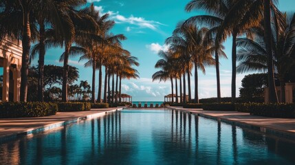 Fototapeta premium A grand symmetrical hotel pool leading to a majestic resort entrance, lined with palm trees.