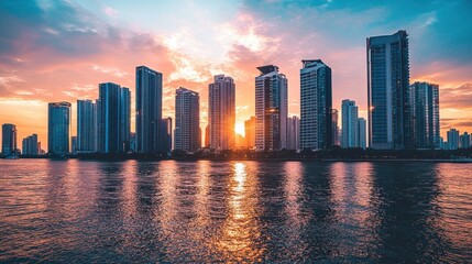 Fototapeta premium Vibrant sunset cityscape reflected in calm water. (1)
