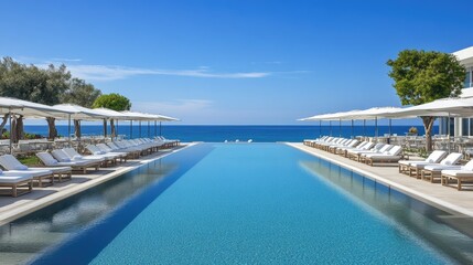 Fototapeta premium A Greek-style hotel pool with white stone architecture, overlooking the deep blue sea.