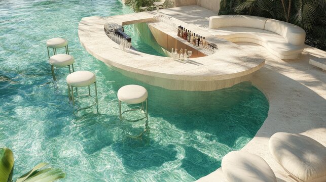 A high-end hotel pool with an elegant bar counter built into the water, surrounded by submerged bar stools.