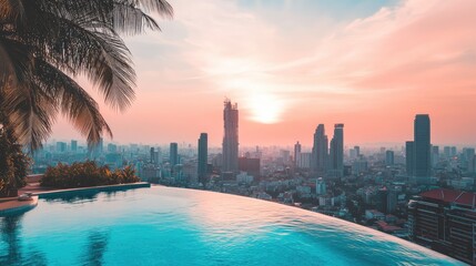 Obraz premium A high-rise hotel infinity pool, with its edge seamlessly blending into the panoramic cityscape.