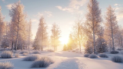Fototapeta premium Sunlit winter forest scene with snow-covered trees and ground.