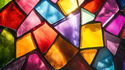 Colorful glass mosaics form a vibrant, intricate pattern showcasing artistic design.